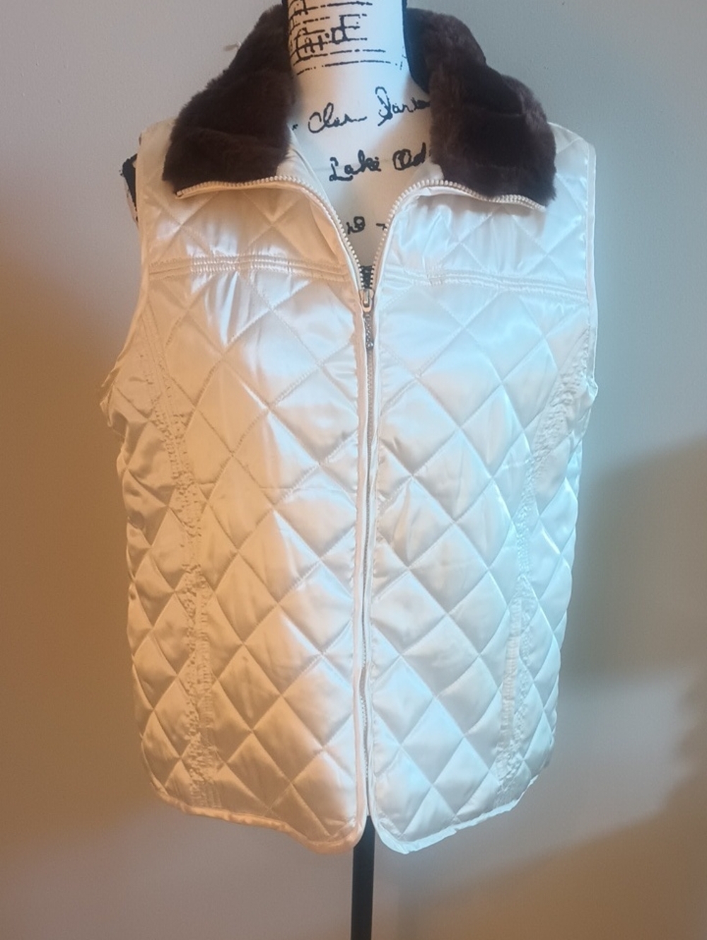Covington Quilted Creamy White Vest with Brown Faux Fur Collar